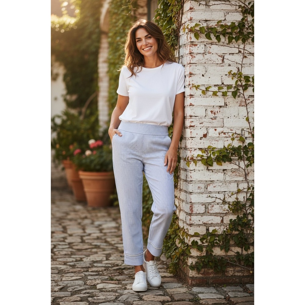 Crown & Ivy Pants Women Blue White Striped Lace Trim Petite 8P